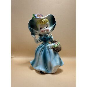 Vintage Southern Belle Girl Figurine Blue Dress w/ Basket, Kitschy Decor Japan